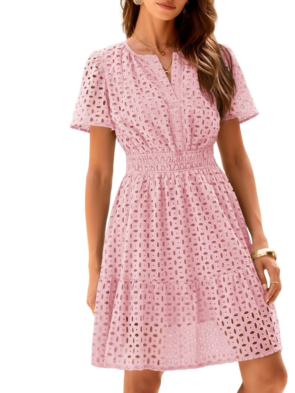 NWT PRETTYGARDEN Pink Eyelet Lace Short Sleeve Smocked Waist Mini Dress Size M